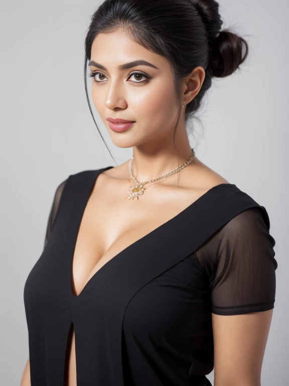 A confident-looking indian ultra hot woman with a bun of long and thick hair tied behind , full waist up pose , upper knees pose ,half-opened minimalist seethrough tight college clothes, a seductive sexy pose, b-cup breast, perfect composition, hyperrealistic, super detailed, 8k, high quality, trending art, trending on artstation, sharp focus, mid pose , mid shot , intricate details, highly detailed,