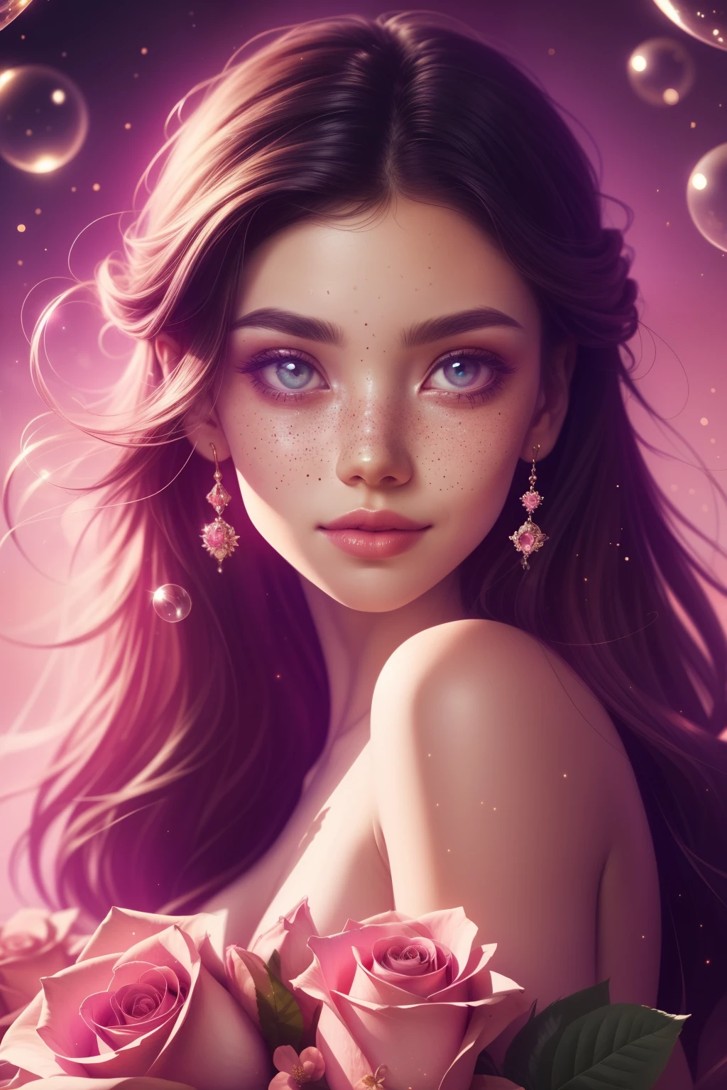 (This is a beautiful, intricate, (romatic) fantasy image that emphasizes beauty and grace.) Generate a blind curvy woman with milky eyes and soft natural freckles. Her face is important and should be (perfectly formed) with (beautiful puffy lips) and (perfect features). There is a cute freckle birthmark on her lip. The image exudes ethereal beauty and soft fantasy, with shimmering shades of pink throughout. Surround her with eternal roses in shimmering shades. Ensure perfection in her face, hair, and eyes. Include sweet and detailed birds and soft, luminous flowers and detailed roses. Utilize dynamic composition and dramatic lighting and cinematic lighting to create an interesting fantasy image. The background of the image is interesting and ultra-detailed, with soft fantasy lighting and gradients. Include fantasy details, cute aura, colorful, colourful, and interesting magical background. The image's background is decorated in shades of pink, shimmer, glitter, and fantasy details like colored bubbles and cosmos. Include subtle freckles, natural freckles and a diffused realistic skin tone. Incorporate elements of high fantasy, whimsy, and detailed elegance. English rose, princess, courtesan, noblewoman, sweet, lovely, calm, lovely, shimmering, glimmering, glittering, astrological fantasy, (((masterpiece))), (highest quality), magic rose, fantasy garden, beautiful face, perfect face, puffy lips, interesting, shy smile, fantasy elements, magic rose, beautiful eyes, perfect puffy lips, jewel tones, luminosity. Taken with a canon camera.