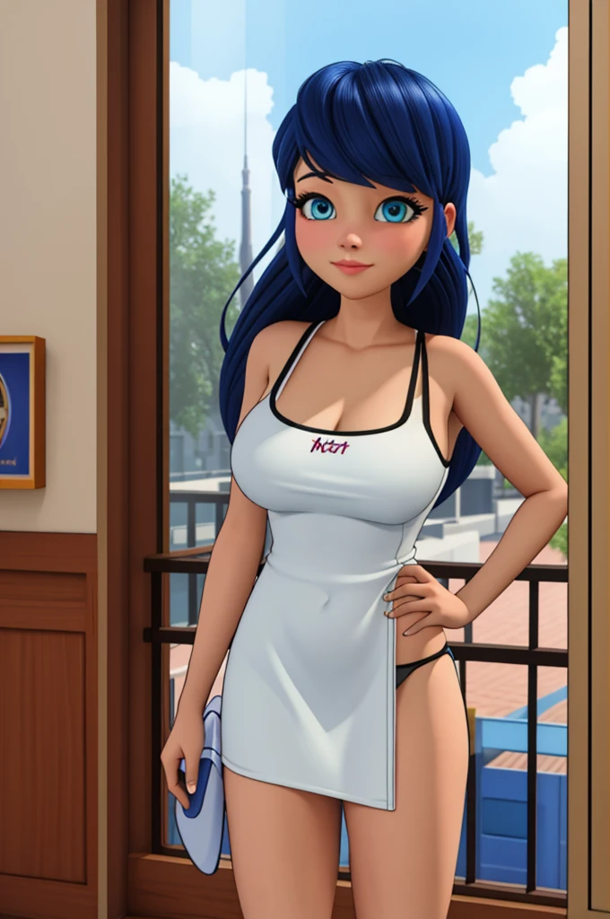 (8k, RAW photo, best quality, masterpiece:1.2), (intricate details), perfect eyes, perfect face, perfect lighting, beautiful, (masterpiece:1.2), (best quality:1.2), 1girl, solo, marinette, blue hair, ((long loosen hair)), adult torso, 19 years old, slight smile, huge sized breasts, ( dress sleeveless, thong panties), cowboy shot, 3DMM, standing, front view sexy