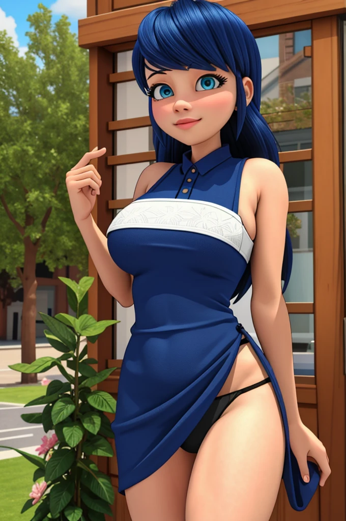 (8k, RAW photo, best quality, masterpiece:1.2), (intricate details), perfect eyes, perfect face, perfect lighting, beautiful, (masterpiece:1.2), (best quality:1.2), 1girl, solo, marinette, blue hair, ((long loosen hair)), adult torso, 19 years old, slight smile, huge sized , ( dress sleeveless, thong pantiesoy shot, 3DMM, standing, front view sexy