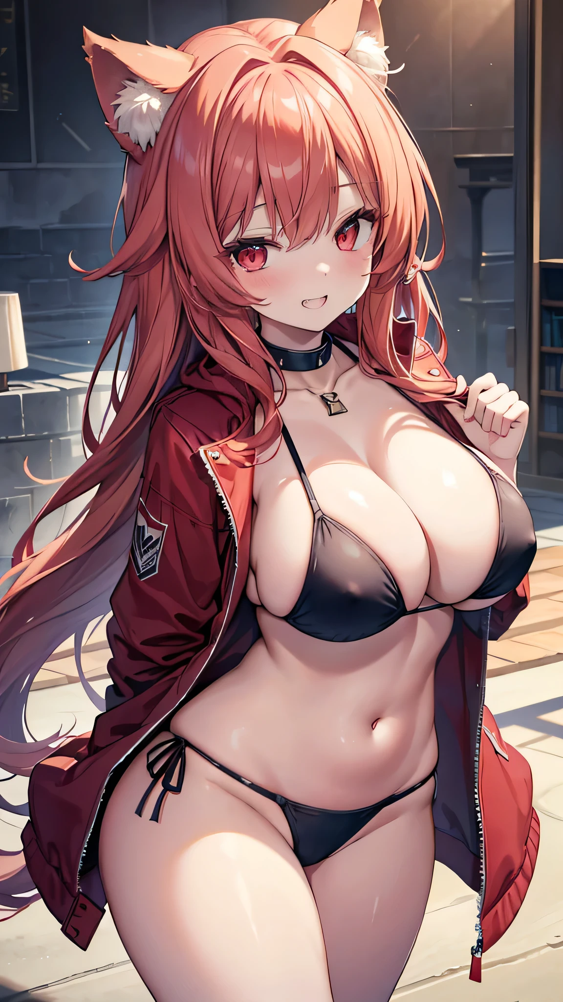 The best masterpiece、Wolf Girl, Large Breasts, Voluminous light red hair, masterpiece , Red eyes, hd, Thick thighs, Head to Chest, buried in my chest、Double teeth、tooth、Chubby、Grinning、Halter Bikini、Big Tits、Jacket、white iris、