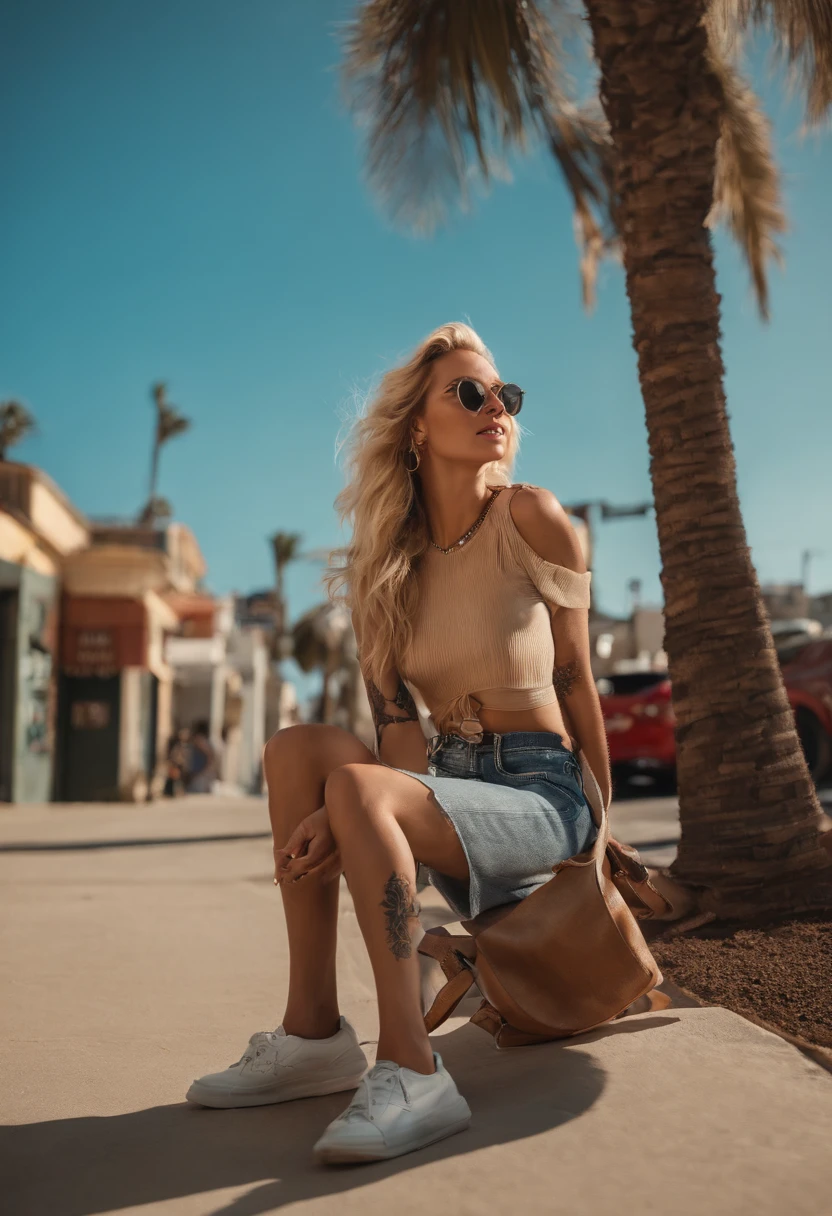 model, blond mid hair , 3/4 side posture, Malibu roller style, free shoulder , hand on knee, one bag in other hand, next to a street sign labelled "mikiti tattoos" sunny background with palmtree,