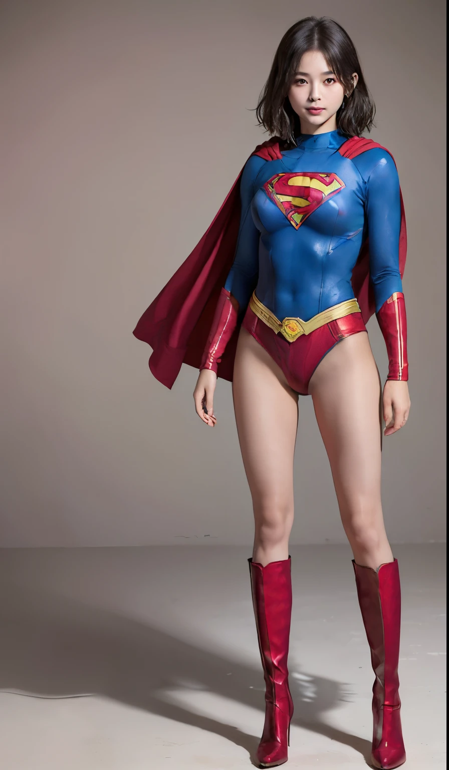 No background、(((Beautiful legs in black tights.)))、(((Legally express the beauty of your smile)))、((((Make the most of your original images)))、(((Body-hugging Supergirl costume)))、(((Supergirl Costume)))、(((Beautiful short hair)))、(((She is winking cutely.)))、(((Please wear black tights....、Wear red boots)))、((Best image quality、8k))、((highest quality、8k、masterpiece:1.3))、(((Preserve background )))、Sharp focus:1.2、Beautiful woman with perfect figure:1.4、Slim Abs:1.2、Wet body:1.5、Highly detailed face and skin texture、8k