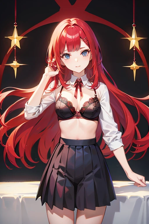 a beautiful anime girl with long crimson red hair, piercing blue eyes, a white open shirt revealing a black and red lace bra, a short pleated black skirt, posing sensually