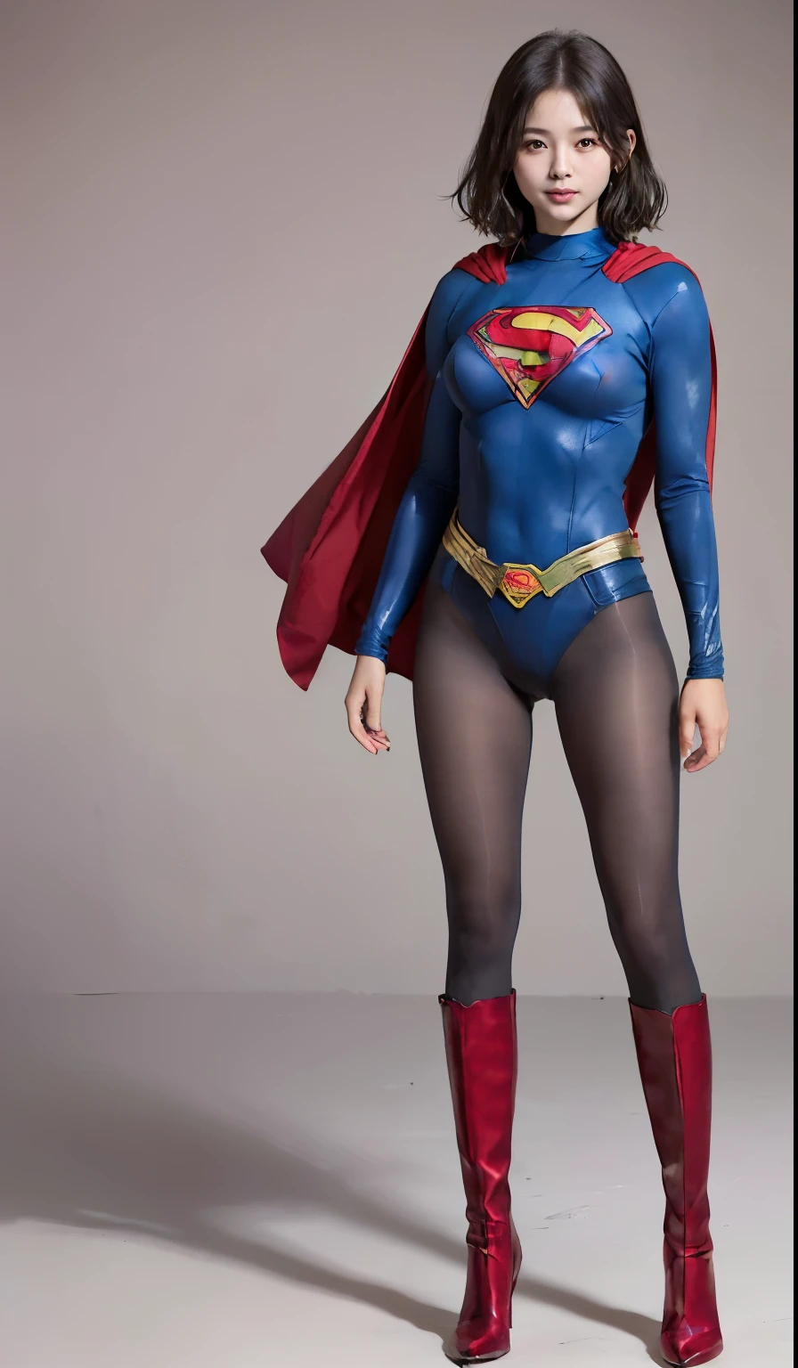 No background、(((Beautiful legs in black tights.)))、(((Legally express the beauty of your smile)))、((((Make the most of your original images)))、(((Body-hugging Supergirl costume)))、(((Supergirl Costume)))、(((Beautiful short hair)))、(((She is winking cutely.)))、(((Please wear black tights....、Wear red boots)))、((Best image quality、8k))、((highest quality、8k、masterpiece:1.3))、(((Preserve background )))、Sharp focus:1.2、Beautiful woman with perfect figure:1.4、Slim Abs:1.2、Wet body:1.5、Highly detailed face and skin texture、8k