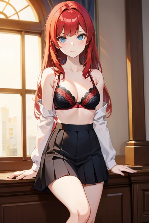 An anime girl with red hair and blue eyes wearing a skirt and an open shirt revealing a black and red bra