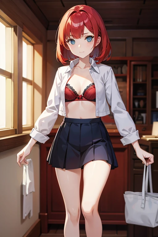 An anime girl with red hair and blue eyes wearing a skirt and an open shirt revealing a black and red bra