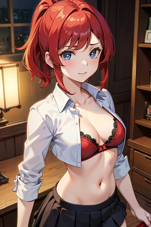 An anime girl with red hair and blue eyes wearing a skirt and an open shirt revealing a black and red bra