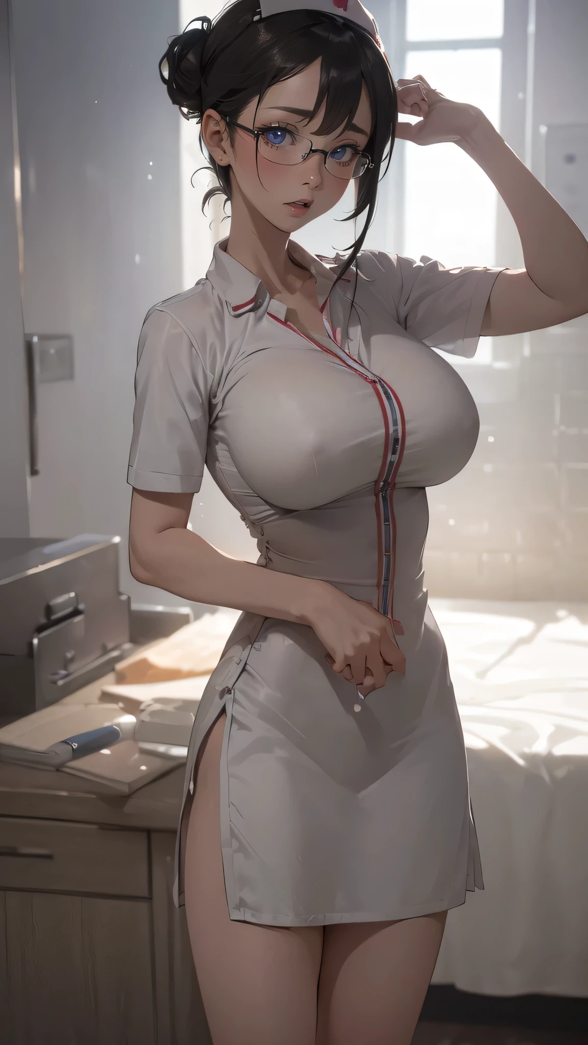 nurse uniform,(random pose),(Thin type:1.8),(big breasts:1.5),(random hairstyle),(Highest image quality,(8k),ultra-realistic,best quality, high quality, high definition, high quality texture,high detail,beautiful detailed,fine detailed,extremely detailed cg,detailed texture,a realistic representation of the face,masterpiece,Sense of presence),(wearing glasses:1.1)