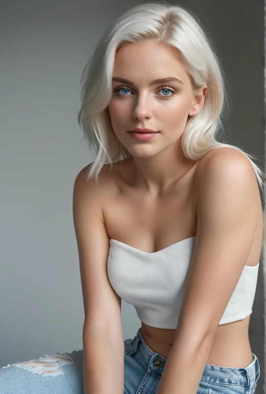 breathtaking cinematic film still photo, female, pose, white hair, white background, . shallow depth of field, vignette, highly detailed, high budget, bokeh, cinemascope, moody, epic, gorgeous, film grain, grainy, . award-winning, professional, highly detailed, An image of a young woman with medium-length hair, seated with one leg extended and the other bent, hand resting on her thigh. She faces the camera, wearing a white strapless crop top and light blue distressed jeans, paired with white sneakers. She gazes directly at the viewer with a composed expression. The outdoor lighting is soft and warm, with a clear sky and subtle clouds in the background. "