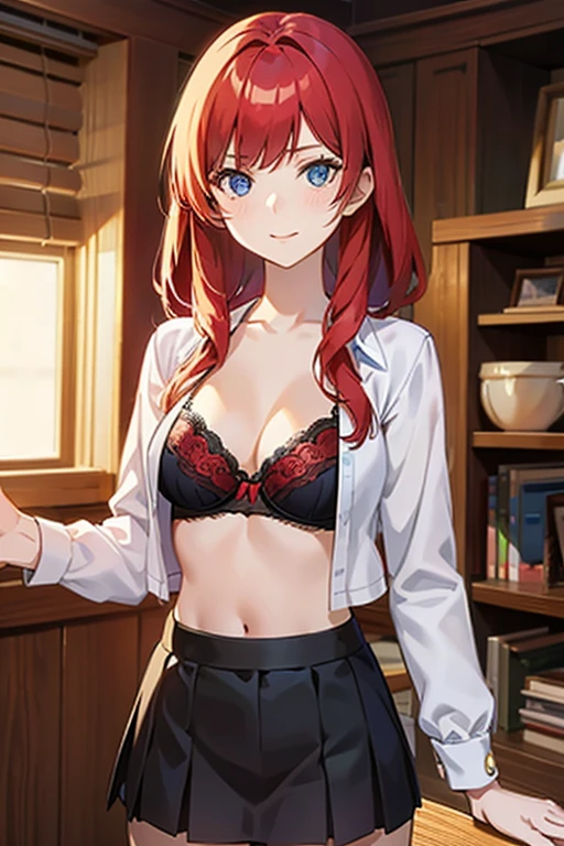 An anime girl with red hair and blue eyes wearing a skirt and an open shirt revealing a black and red bra