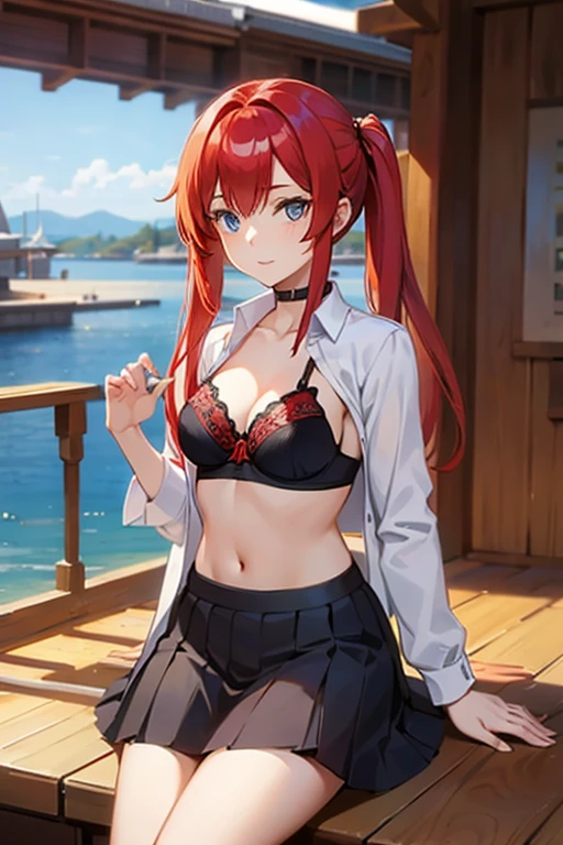 An anime girl with red hair and blue eyes wearing a skirt and an open shirt revealing a black and red bra