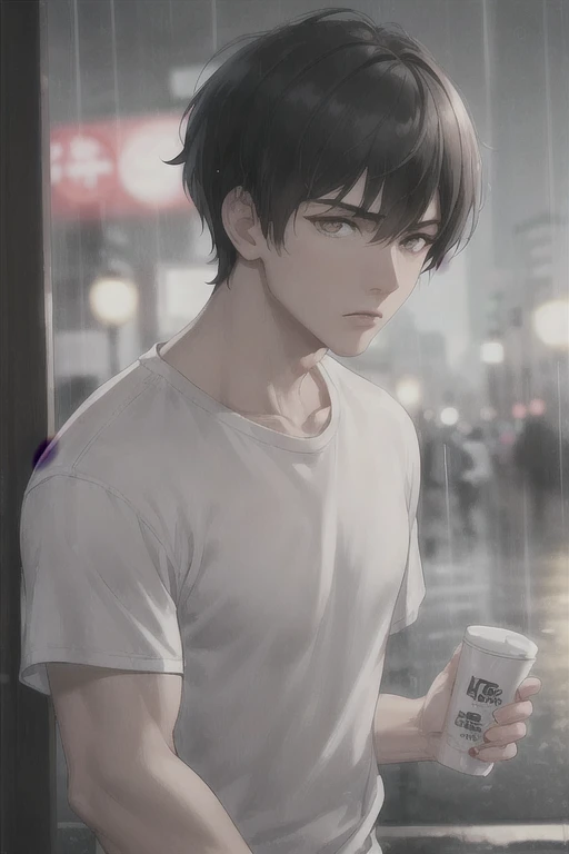 best quality, more details, masterpiece, 1boy, portrait, aesthetic, male focus, golden eyes, solo, bangs, looking at viewer, muscles, short hair, rain, tokyo \(city\), white t shirt, nail polish, black hair, luxurious, 8k, detailed, ray tracing, depth of field, cinematic lighting,