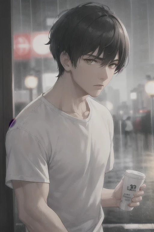 best quality, more details, masterpiece, 1boy, portrait, aesthetic, male focus, golden eyes, solo, bangs, looking at viewer, muscles, short hair, rain, tokyo \(city\), white t shirt, nail polish, black hair, luxurious, 8k, detailed, ray tracing, depth of field, cinematic lighting,