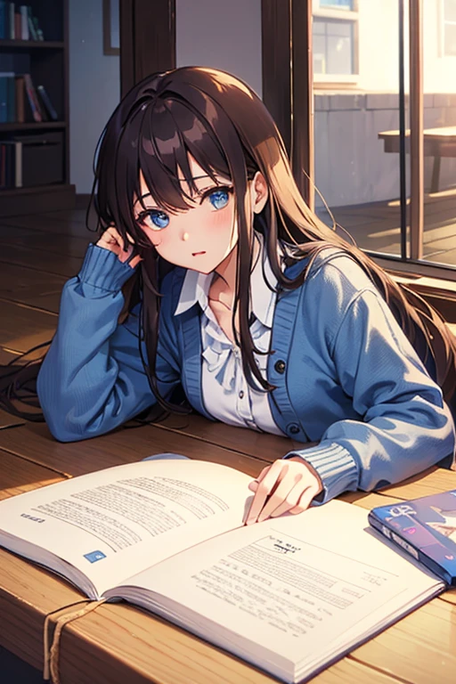 masterpiece, highest quality,Highest Resolution,Anime Style、Human Girl、(Long Hair:Attached to the ground)、Sleepy eyes、The left eye is covered by hair、Brown Hair、stand、Blue lace cardigan、dress、