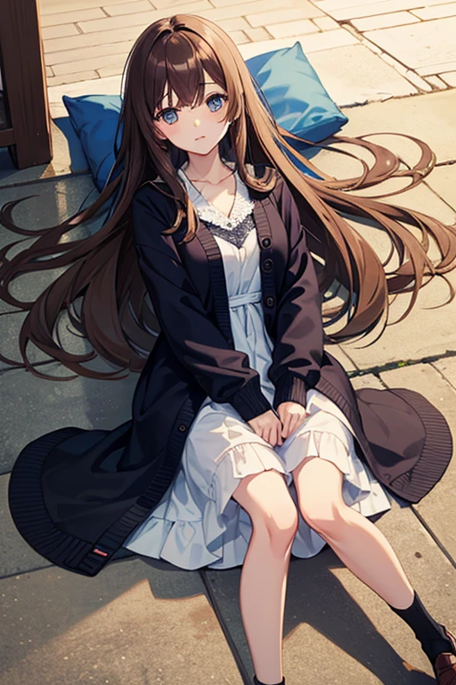 masterpiece, highest quality,Highest Resolution，Anime Style、Human Girl、（Long Hair：Attached to the ground）、Sleepy eyes、The left eye is covered by hair、Brown Hair、stand、Blue lace cardigan、dress、