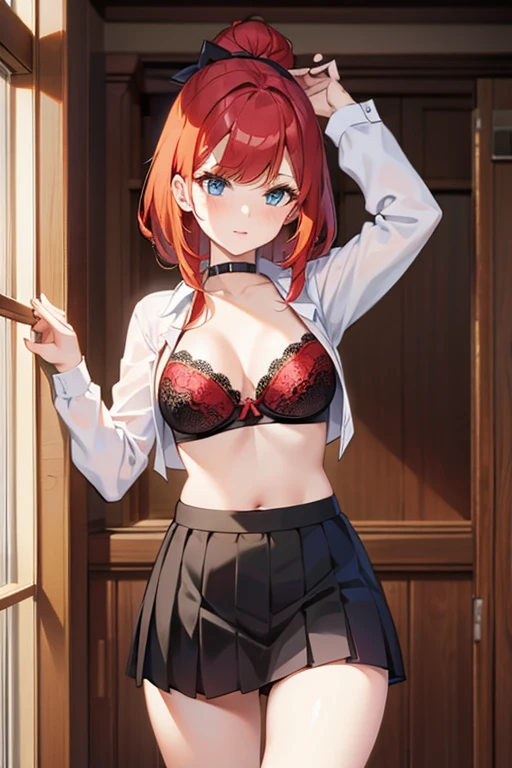 An anime girl with red hair and blue eyes wearing a skirt and an open shirt revealing a black and red bra