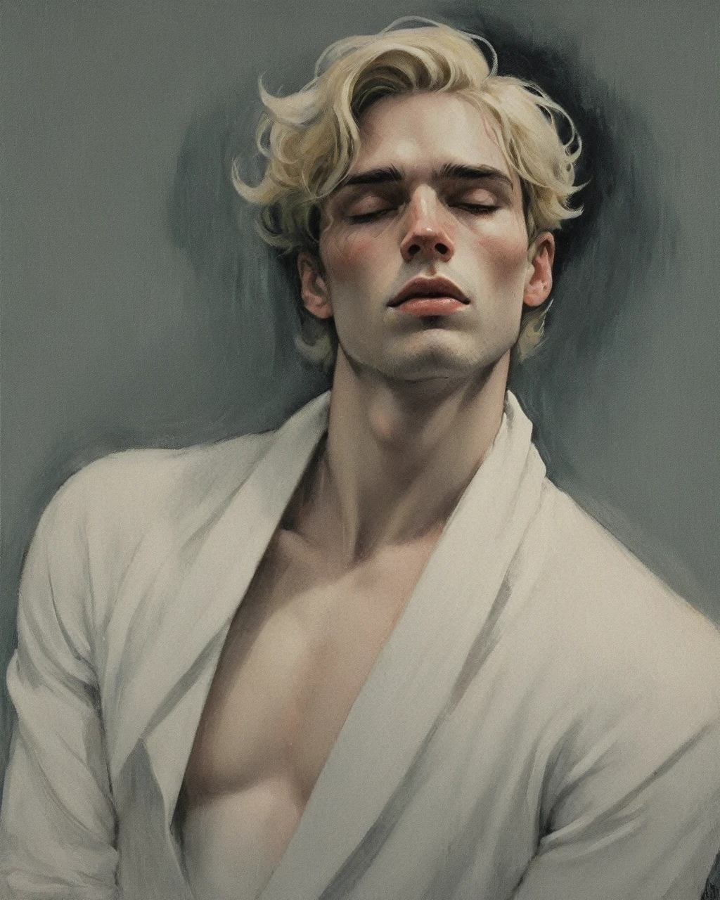 chiaroscuro technique on sensual illustration of an arafed man in white, sexy masculine, male model, by Malcom Liepke, model with attractive body, inspired by Ludovit Fulla, mid-shot of a hunky, the model draped in flowing, thick oil painting by Harumi Hironaka, extremely soft colors, vibrant, highly detailed, malcolm liepke painting, oil on canvas, high contrast, dramatic, refined, tonal, Create high contrast between light and shadow, oil on linen