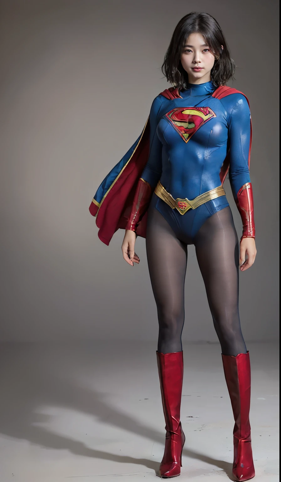 No background、(((Beautiful legs in black tights.)))、(((Legally express the beauty of your smile)))、((((Make the most of your original images)))、(((Body-hugging Supergirl costume)))、(((Supergirl Costume)))、(((Beautiful short hair)))、(((She is winking cutely.)))、(((Please wear black tights....、Wear red boots)))、((Best image quality、8k))、((highest quality、8k、masterpiece:1.3))、(((Preserve background )))、Sharp focus:1.2、Beautiful woman with perfect figure:1.4、Slim Abs:1.2、Wet body:1.5、Highly detailed face and skin texture、8k