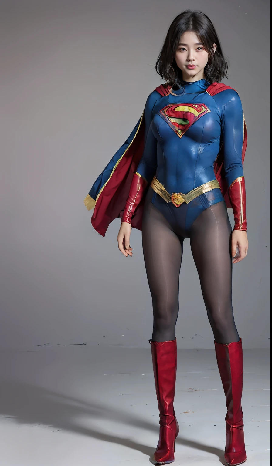 No background、(((Beautiful legs in black tights.)))、(((Legally express the beauty of your smile)))、((((Make the most of your original images)))、(((Body-hugging Supergirl costume)))、(((Supergirl Costume)))、(((Beautiful short hair)))、(((She is winking cutely.)))、(((Please wear black tights....、Wear red boots)))、((Best image quality、8k))、((highest quality、8k、masterpiece:1.3))、(((Preserve background )))、Sharp focus:1.2、Beautiful woman with perfect figure:1.4、Slim Abs:1.2、Wet body:1.5、Highly detailed face and skin texture、8k