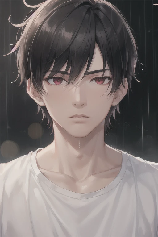 best quality, more details, masterpiece, 1boy, portrait, aesthetic, male focus, red eyes, solo, bangs, looking at viewer, muscles, short hair, rain, tokyo \(city\), white t shirt, nail polish, black hair, luxurious, 8k, detailed, ray tracing, depth of field, cinematic lighting,