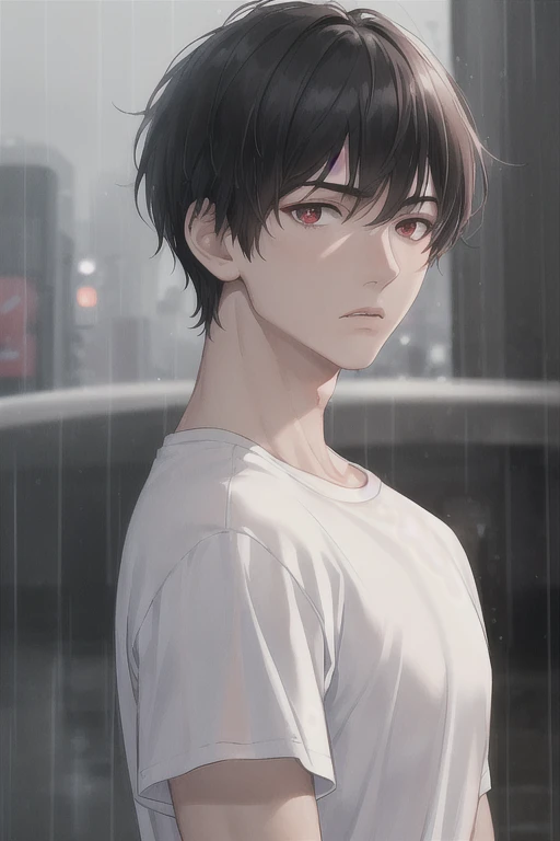 best quality, more details, masterpiece, 1boy, portrait, aesthetic, male focus, red eyes, solo, bangs, looking at viewer, muscles, short hair, rain, tokyo \(city\), white t shirt, nail polish, black hair, luxurious, 8k, detailed, ray tracing, depth of field, cinematic lighting,