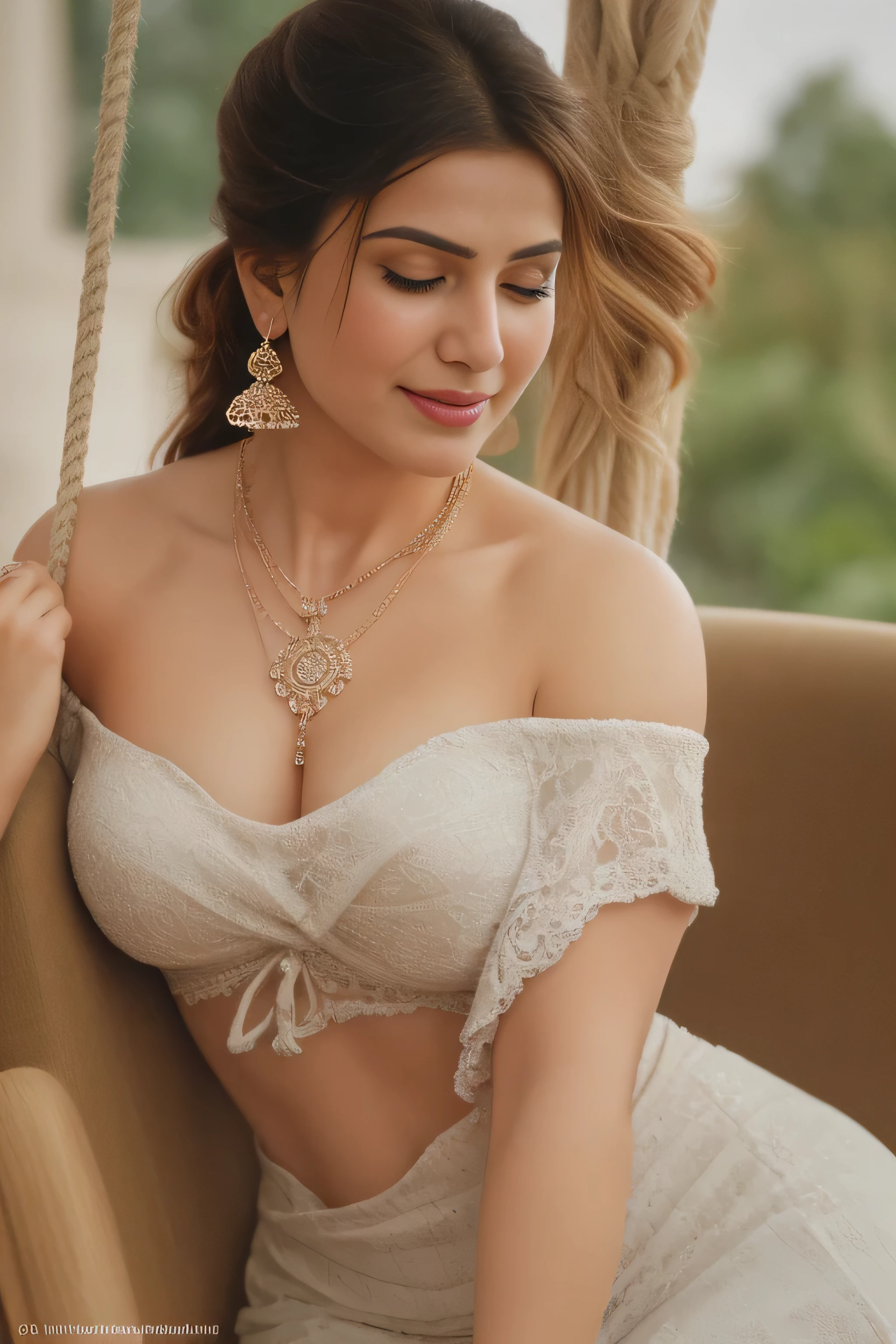 night scene, 85mm f/1.4, 15mm, 35mm, 4k, high resolution, 4k, 8k, hd, full colour, 4k, 8k, 4k, high definition, low angle shot of close up photo of indian, big cheeks, sexy navel, hanging in swing chair and bending over viewer on Mount Everest, off shoulder strapless cowl neck lace bra, deep cut neckline, perfect figure, swooping breasts, deep cleavage, ponytail hair, necklace, look at viewer and smile, (cinematic:1.3), intricate details, (ArtStation:1.2) without kapde ka