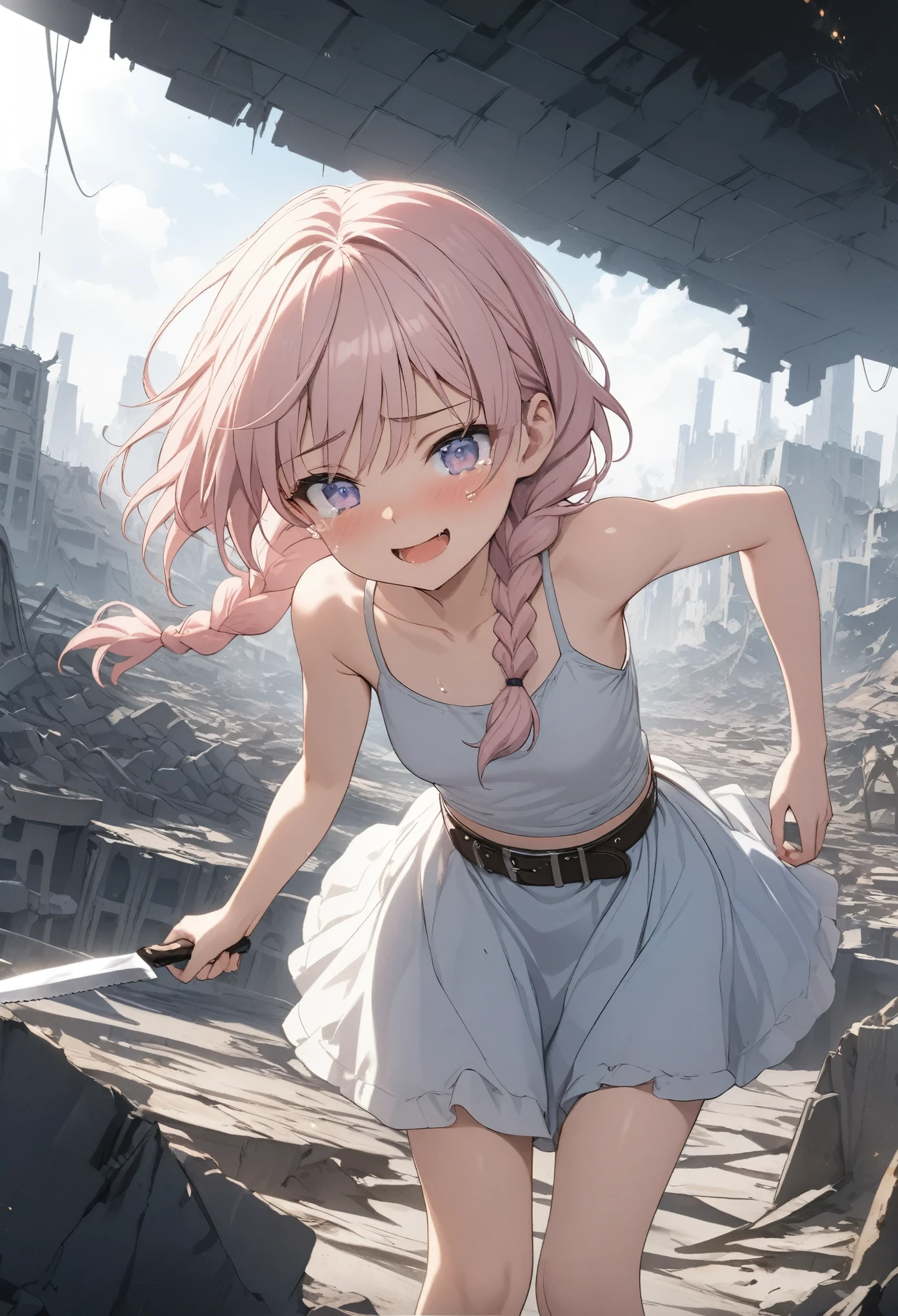 ((Masterpiece)), ((best quality)), (Anime:1.3), (super detail:1.2),(High Definition:1.3), (Professional Photography:1.2), (()), 1girl, cute teenage girlossy skin, tears, (sad smile), open mouth, (having a raggedy knife), beautiful Slender body, (Healthy body), small breast, (pale pink Hair), loose braid, cute eyes, round eyes, (ragged tanktop), hoop skirt, (burly belt), BREAK, ((best quality)), ((standing on the collapsed city of the apocalypse)), (sharp focus), (perfect light),