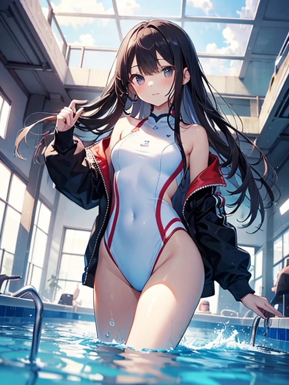 ((2D Beautiful Girl、highest quality、Perfect Finger 1.3、Perfect Anatomy 1.3、Very delicate and beautiful illustration))、pretty girl、(Conversion Sequence)、((Swimwear))、、Slender beautiful girl、Fractal Art、Baby Facght Long Hair))、Big droopy eyes、Laughter、Full-body display、(1 person)、Long sleeve、School swimming pool、Are standing、