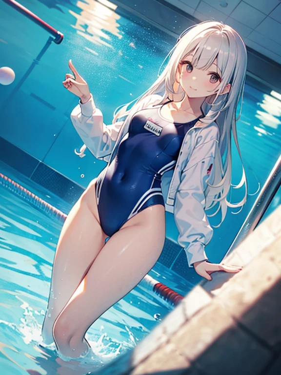 ((2D Beautiful Girl、highest quality、Perfect Finger 1.3、Perfect Anatomy 1.3、Very delicate and beautiful illustration))、pretty girl、(Conversion Sequence)、((Swimwear))、14 years、Slender beautiful girl、Fractal Art、Baby Face、((Straight Long Hair))、Big droopy eyes、Laughter、Full-body display、（1 person）、Long sleeve、School swimming pool、Are standing、