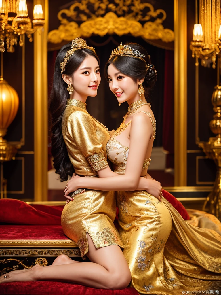 Beautiful woman with perfect body:1.4, slim abdomen:1.2, Longhair, large breast, Highly detailed facial and skin texture, A detailed eye, delicate eyes, double eyelid, (smile), (full body shot), a stunning chinese woman, 23 years old, wearing a radiant red, mermaid wedding Qipao with Floral embroidery, sits gracefully on a luxurious, velvet baroque bed with a rich blue and gold background, identical twin sister with an even more captivating hourglass figure sits and hugs her at the waist, creating a mesmerizing symmetry, their cute faces, innocent smile and exposed long legs surrounded by an aura of love and fertility, nearby table adorned with ornate candelabras and a delicate, antique vase hints at a wedding consummation of the twins' marriage to the king, scene framed by a stunning gold-framed chinese painting and opulent interior decorations, exuding luxury, elegance, and a hint of love making, (best quality,8k,highres,masterpiece:1.2),ultra-detailed,(realistic,photorealistic,photo-realistic:1.37),portraits,cinematic lighting,dramatic lighting,warm colors,ornate,intricate details,luxurious,elegant