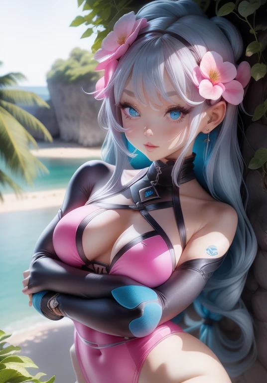 girl、、Pink leotard、whole body。blue eyes、Gray Hair、、Seductive pose、front、、Outdoor、garden、Beach、