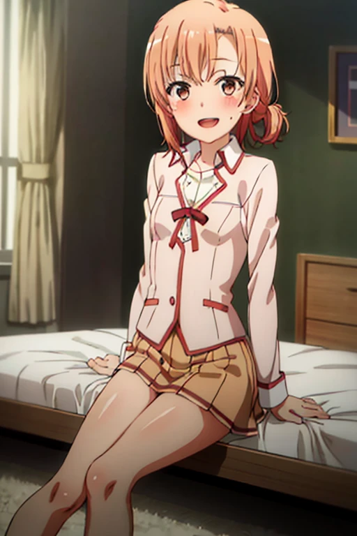 ((highest quality)), ((masterpiece)), (be familiar with), Perfect Face, indoor, Bedroom, Watching the audience,
One woman, Yuigahama Yui,
Open Mouth, Ecstatic expression, blush, smile,
Small breasts, Flat Chest, Young Girl, , , Girl,
Short Hair, Salmon-colored hair, Salmon-colored eyes, Side Pony,
Leg spread,