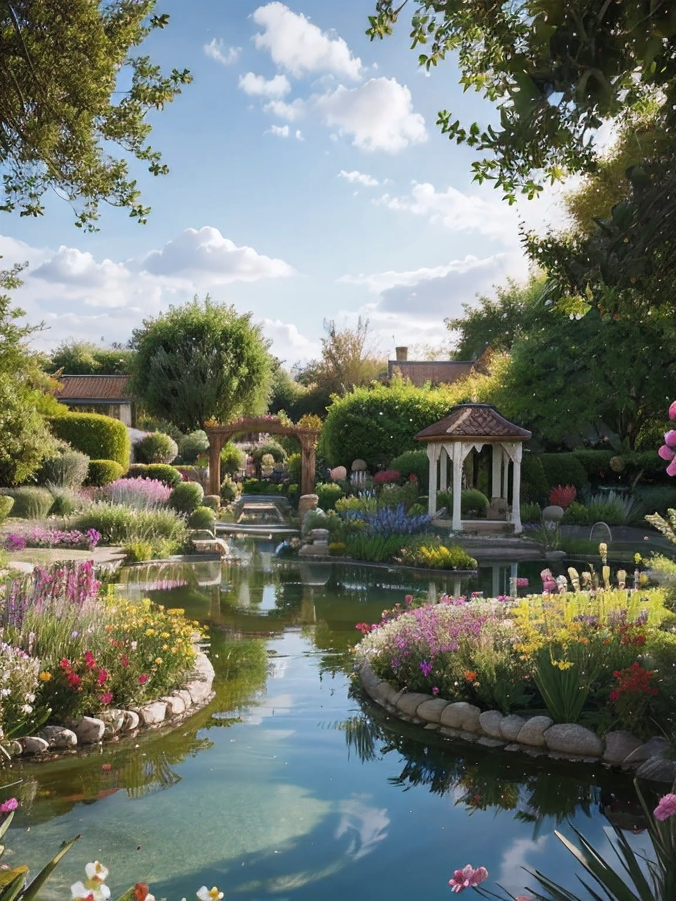 colorful western garden with lagoon, hyper realistic romanticism in acrylic, wonderful well blurred colors with special effects, 16k high definition image