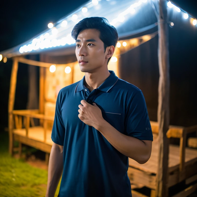Aaraf in a blue shirt stood in front of a hut., wearing a polo shirtสีน้ําเงินเข้ม, wearing a polo shirt,dark color, 2 8 years, Profile picture, Portrait, handsome, There are two front pockets., navy blue, 29 years old, handsome man, 30 years old, 8k high quality photos, Action in various poses, alone, outdoor warm light,) night sky warm light,) wide aperture, professional lighting, Sony A7R4, Sesame lens taken with a 45" camera.,000,000,000 pixels Saengun,realistically,30 years old, 8k high quality photos, Action in various poses, alone, outdoor warm light,) night sky warm light,) wide aperture, professional lighting, Sony A7R4, Sesame lens taken with a 45" camera.,000,000,000 pixels Saengun,realistically,