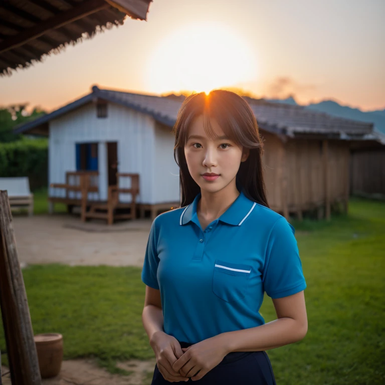 Aaraf in a blue shirt stood in front of a hut., wearing a polo shirtสีน้ําเงินเข้ม, wearing a polo shirt,dark color, 2 8 years, Profile picture, Portrait, handsome, There are two front pockets., navy blue, 29 years old, handsome man, 30 years old, 8k high quality photos, Action in various poses, alone, outdoor warm light,) night sky warm light,) wide aperture, professional lighting, Sony A7R4, Sesame lens taken with a 45" camera.,000,000,000 pixels Saengun,realistically,30 years old, 8k high quality photos, Action in various poses, alone, outdoor warm light,) night sky warm light,) wide aperture, professional lighting, Sony A7R4, Sesame lens taken with a 45" camera.,000,000,000 pixels Saengun,realistically,