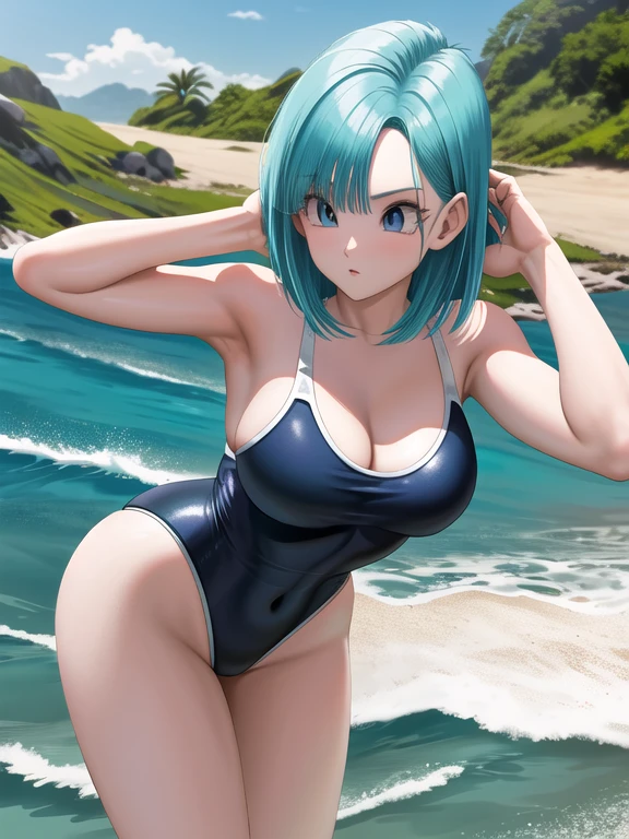 Obra maestra, (swimsuit), mejor calidad, (pelo azul), high resolution, Dragon Ball, blmmid, pelo aguamarina, pelo medio, flequillo contundente, banda de pelo rojo, pechos enormes, en la playa, poses