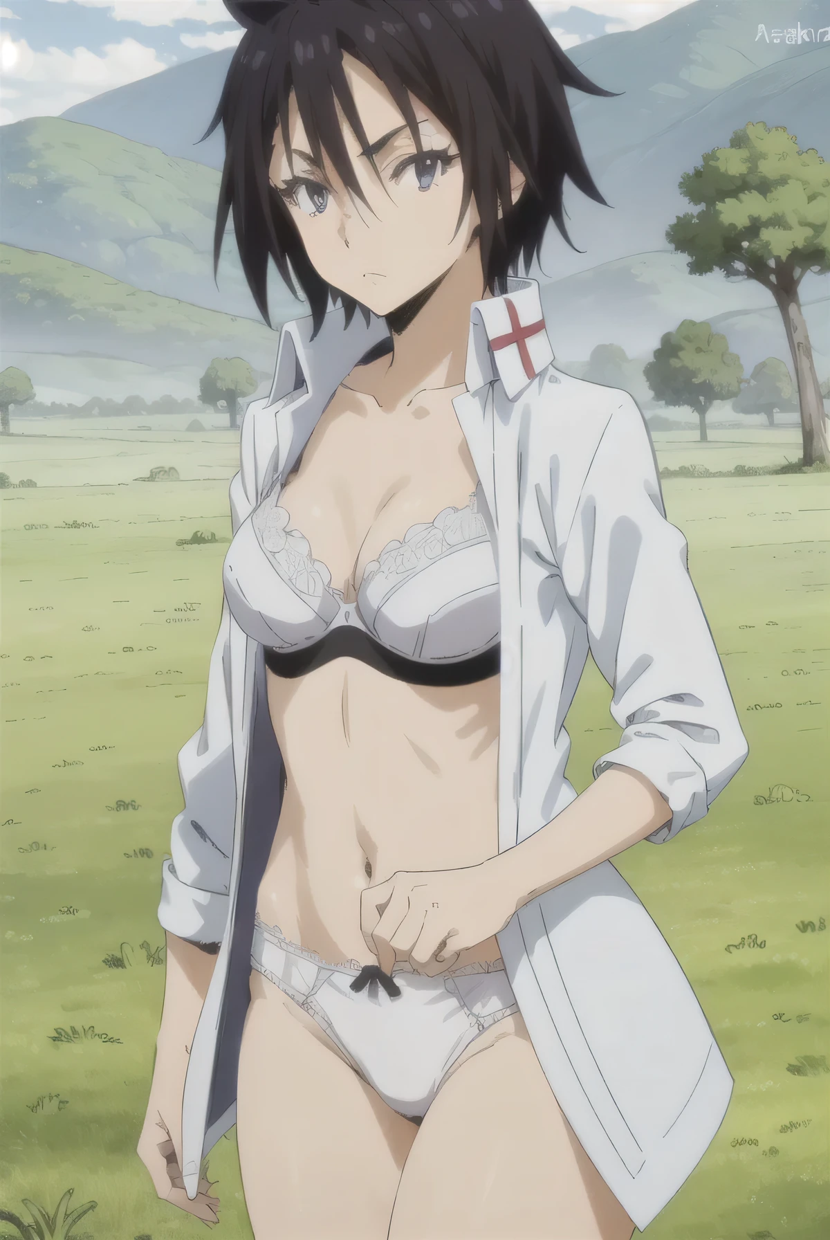 hinatasakaguchi, hinata sakaguchi, Black Hair, (Iris:1.5), short hair, Hair between the eyes,(((white lace panties,white lace bra ))),beautiful things,
break ,
break cowboy shot, View Viewer,
break outdoors, nature,
break (masterpiece:1.2), highest quality, High resolution, unity 8k wallpaper, (figure:0.8), (Beautiful fine details:1.6), Highly detailed face, Perfect lighting, Highly detailed CG, (Perfect hands, Perfect Anatomy),