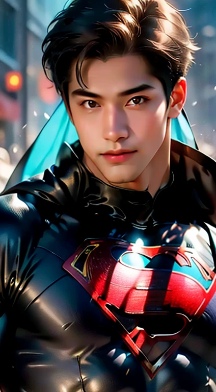 Young guy, short brown hair, Cyan eyes, brawn, Black Superman Costume, ssmile, Masterpiece, hiquality