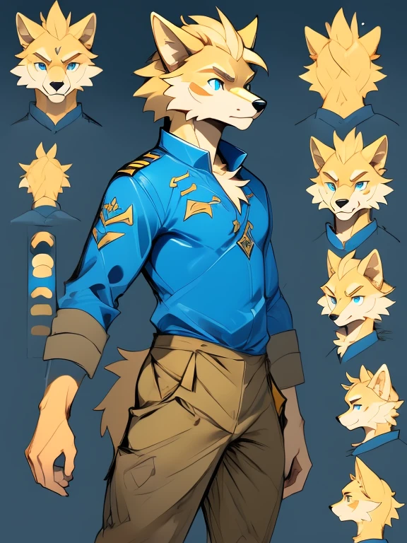 ( Absurdly , High quality , ultra detailed ) ,( hand detailed ) , 1boy, solo, teen, , (concept art, character sheet, character sketch),absurdres(highly detailed beautiful face and eyes)perfect anatomy, (Male yellow-gold wolf), (((lean-body))) ((thin body)) (fit), (dark-blue eyes, (adventure, fantasy type clothing ((red-shirt, blue jacket, khaki pants))) (lighter chest fur) (multiple views) (sketch), intense eyes, intense,  (concept art, character sheet)