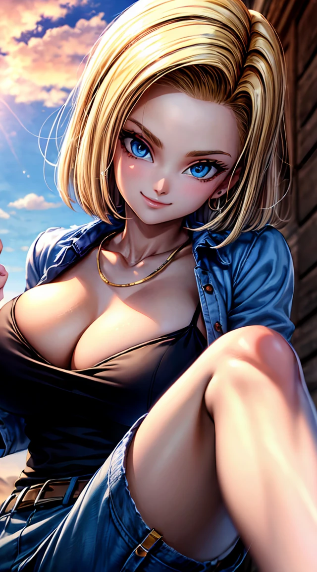 Fille sexy, gros sein, roof of a hotel, coucher de soleil, seductive, chemise blanche, cheveux blonds, yeux bleus, detailed eyes, sablier _forme du corps, ultra detailed, 4K ultra HD, souriante, sourire coquin, rougit, bijoux, bikini,