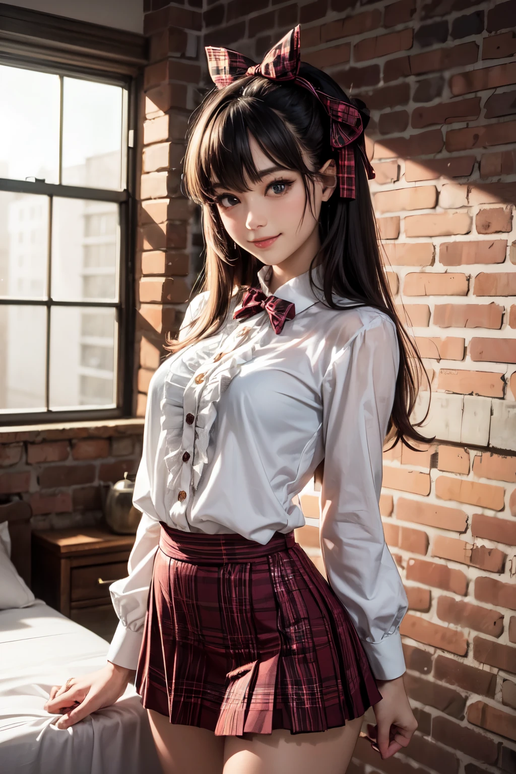very cute and beautiful girl,(highly detailed beautiful face),(smile:1.2),looking at viewer,cowboy shot,
(white blouse with detailed frills),long sleeve BREAK standing,arms behind back,
hair ribbon,black hair,hime cut,(scarlet plaid mini skirt)
BREAK dim basement with brick walls,bed sheet,
(best quality,masterpiece),absurdres,highres,ultra-detailed,extremely detailed,32k,8k resolution,
intricate details,cinematic scene,detailed background,solo,dynamic angle,