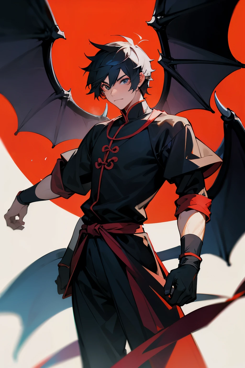 male half-dragon warrior with black dragon wings