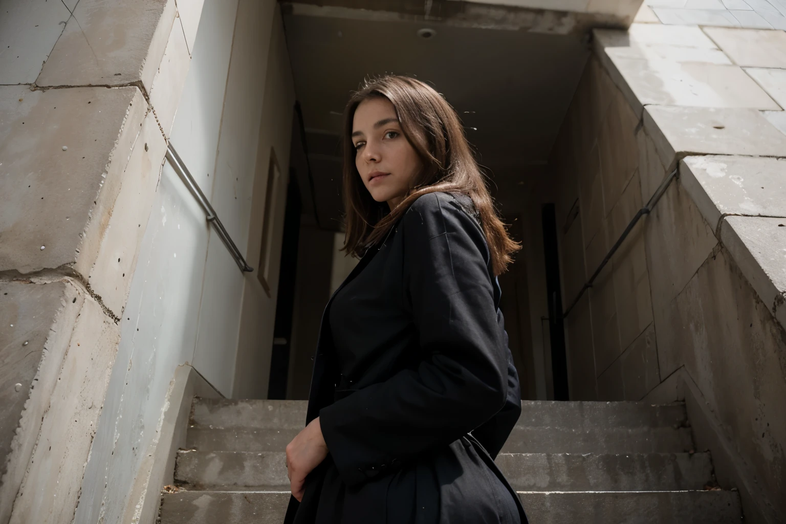 Uma fotografia onde aparece um homem, climbing stairs of the building, behind him there is a woman, He looks back and sees a scary woman, sem rosto, perseguindo ele, in period clothing, retrato, 8k hd, alta qualidade