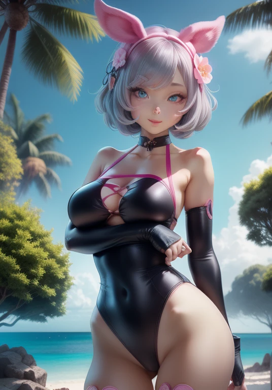 girl、、Pink leotard、whole body。blue eyes、Gray Hair、、Seductive pose、front、、Outdoor、garden、Beach、