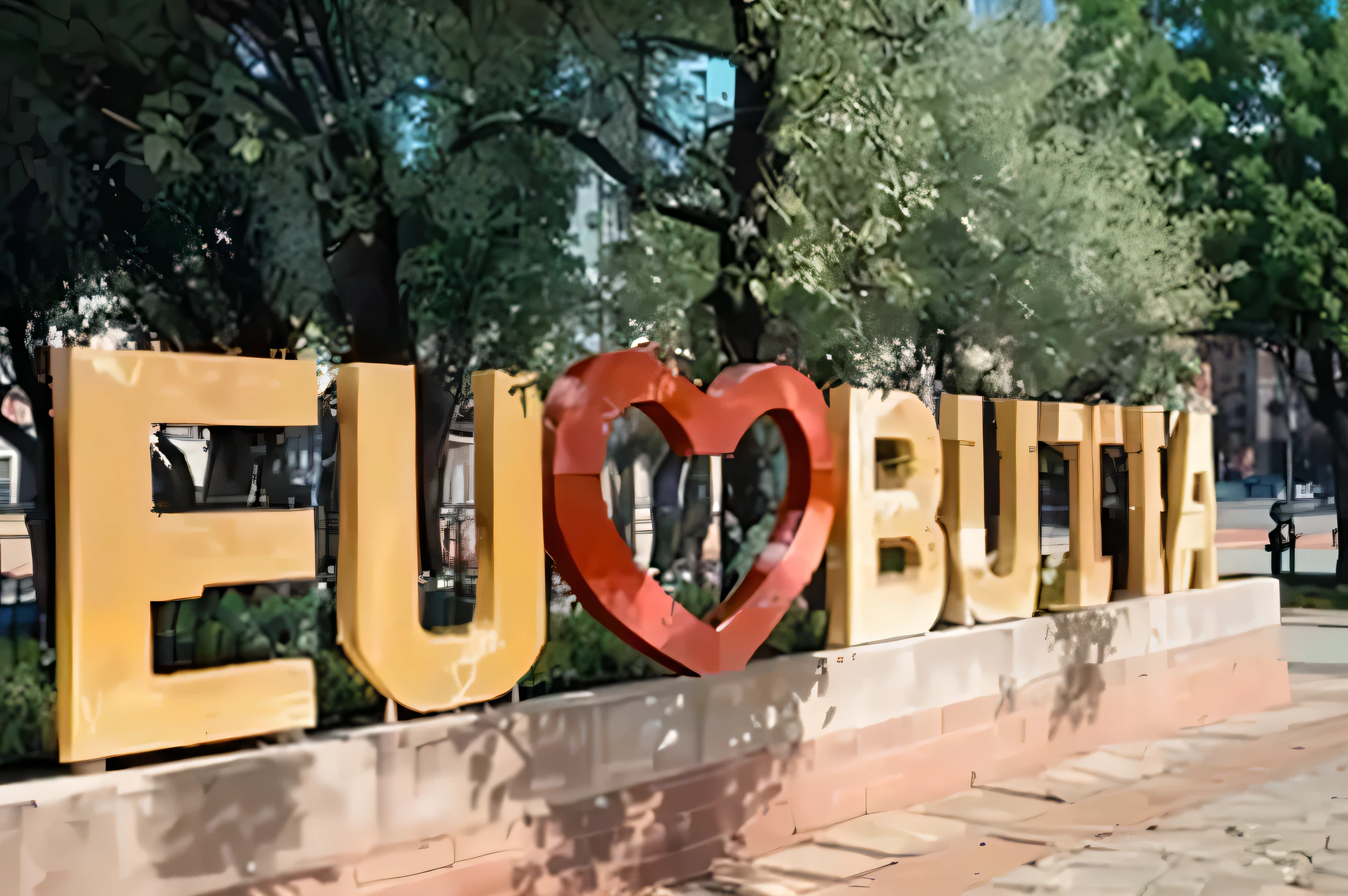 there is a sinal that says eubutta with a heart in the middle, Esútio, beuteful, Eduardo Bug, por Bohumil Kubista, Oleg Bulakh, Saturno jogou, por Elena Guru, legendas, sinal, fully constructed buildings, not blurry, Vitaly Bugarov