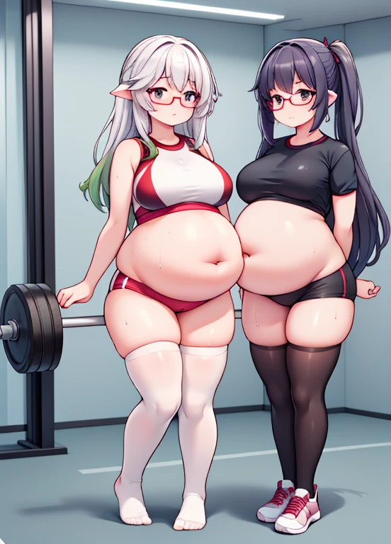 (masterpiece, best quality, highly detailed), 1girls, big belly, huge belly, art by kipteitei, round belly, chubby, curvy, belly grab, enormous belly, fat bell thicc, bigger belly, really big belly, jiggly belly, (pregnant), ((very tired, exhausted)), gym clothes, thighhighs, ((sweaty feets)), glasses, ((full body))