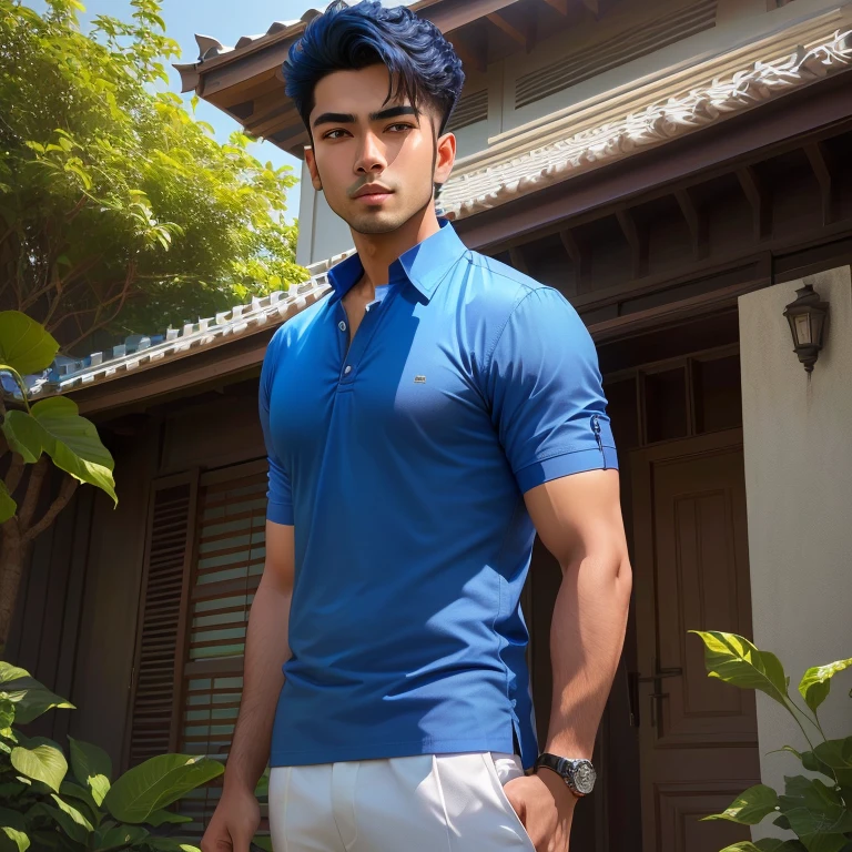 Handsome man Aarav. 8k high quality photos., Action in various poses, alone, outdoor warm light,) night sky warm light,) wide aperture, professional lighting, Sony A7R4, Sesame lens taken with a 45&quot; camera.,000,000,000 pixels Saengun,realistically,arafed man in a blue shirt standing in front of a house, short sleeve, in style of Thawan Duchanee, shirt, cotton, Asian man, wearing in shirt, Niwan Chandra, handsome man, Stylish, In Lammanh style, blue shirt, dark blue shirt, Thawan Duchanee, Aokan