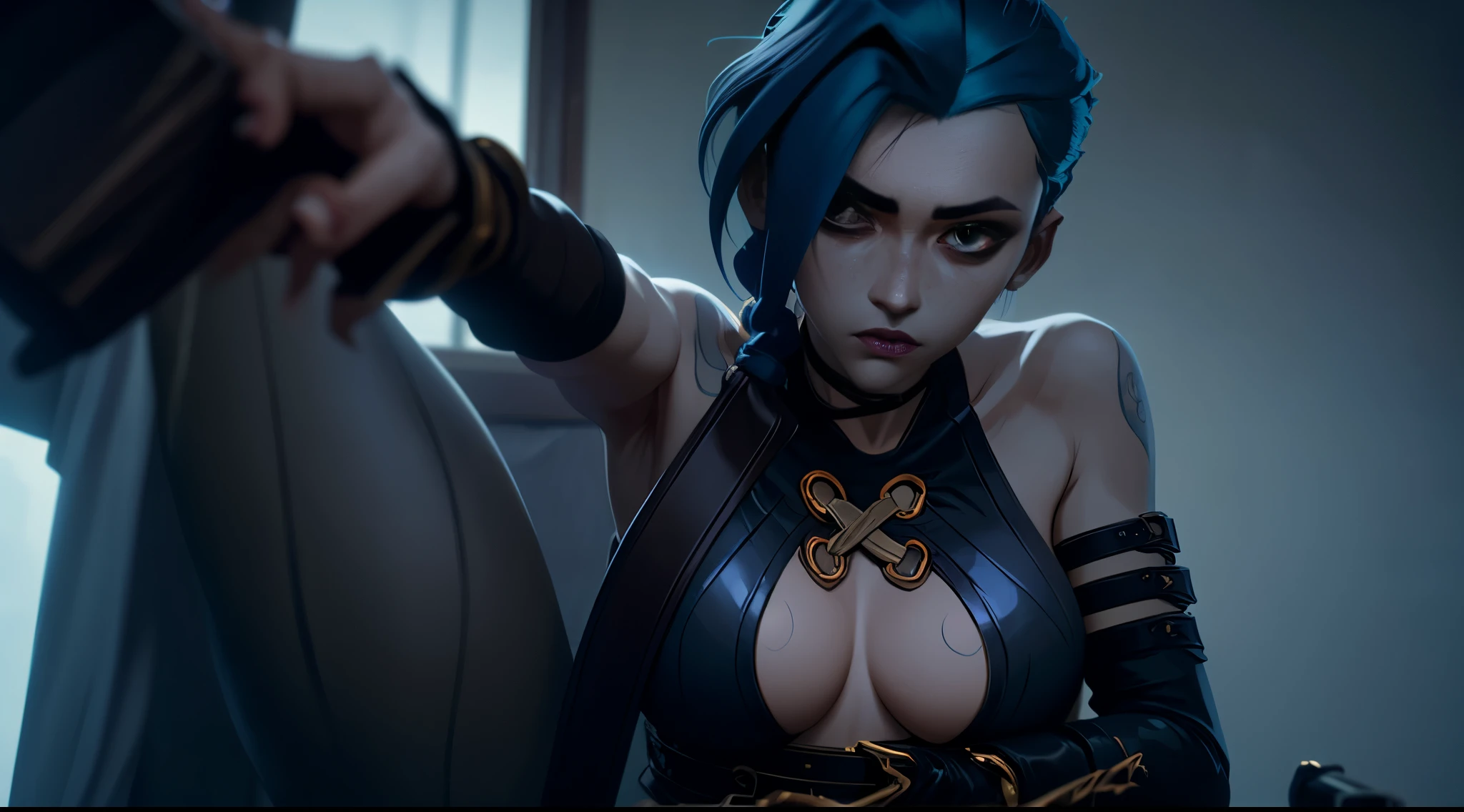 Jinx's character design, Dynamic movements, naked ass, bare breast, covers the chest with his hands, Swollen , butt, kitty, sexypose, Beautiful figure, Arcane's Jinx, Bright blue and purple sparks all around, glowing eyes, Pink glowing eyes, hairlong, hairsh, braided into long braids, Pigtails hang below the knee, Hair color changes from bright blue to navy blue, Dressed in brown breeches, Leather boots on the feet, Top with four gold circles on the chest in the middle of the chest, Blue cloud tattoos on shoulders and waist, Long bangs, hanging on the right side, Belt with cartridges on the belt, Arcane style, extremely detailed CG unity 8k wallpaper, detailed light, Cinematic lighting, chromatic aberration, glittering, expressionless, epic composition, dark in the background, Cherecter Desing, Very detailed, Detailed body, Vibrants, Detailed Face, sharp-focus, anime art, Vibrants, Detailed Face, Hugh Details, sharp-focus, Very drooping face, A detailed eye, super fine illustration, better shadow, finely detail, Beautiful detailed glow, Beautiful detailed, Extremely detailed, expressionless, epic composition,