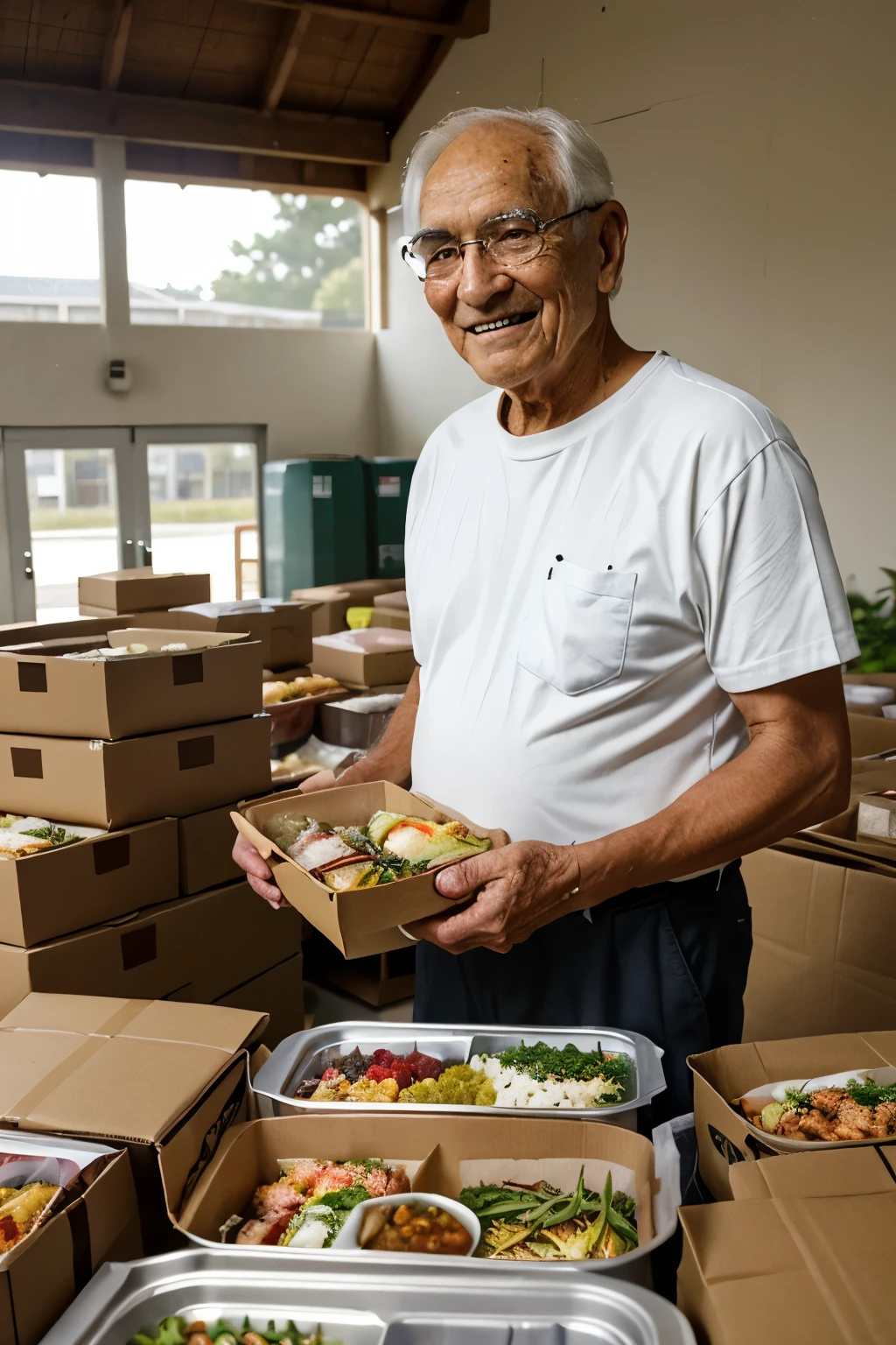 In a  community center, an elderly man stands proudly beside a long table filled with 100 freshly made lunch boxes of food . the food is ,  carefully prepared and neatly wrapped, is a testament to his dedication and kindness. With a warm, welcoming smile, the old man looks at the camera, embodying the spirit of generosity as he prepares to distribute these meals to those in need.